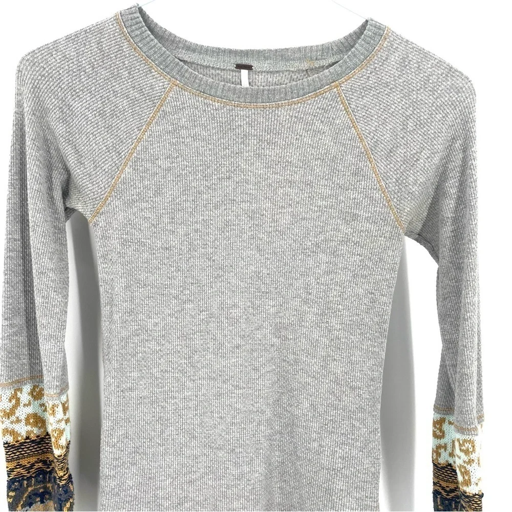 Free People In The Mix Cuff Crochet Long Sleeve Crewneck Top in Heather Grey